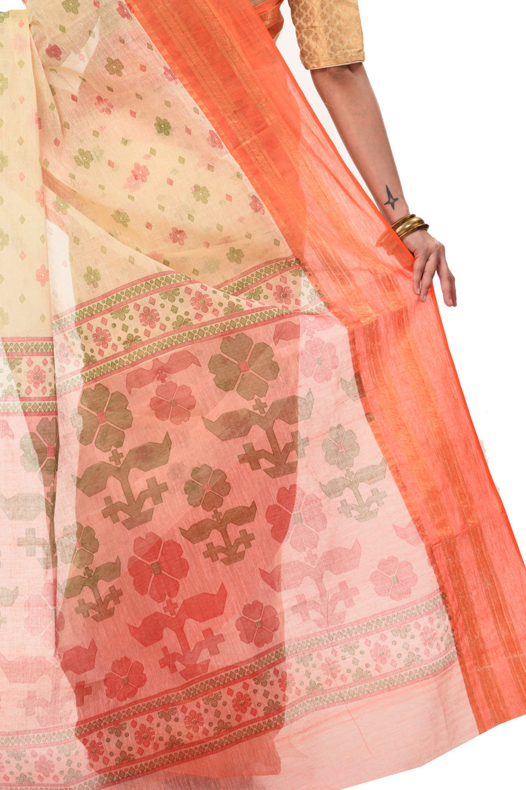 Orange Pure Cotton FullBall Print Tant Saree Print (432)